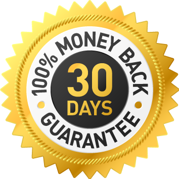 A gold seal with a starburst pattern featuring a central black circle with '30 DAYS' in large white numbers, encircled by the phrase '100% MONEY BACK GUARANTEE' in bold white letters, indicating a thirty-day refund policy.