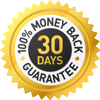 A gold seal with a starburst pattern featuring a central black circle with '30 DAYS' in large white numbers, encircled by the phrase '100% MONEY BACK GUARANTEE' in bold white letters, indicating a thirty-day refund policy.