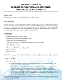 Emergency Lesson Plan: Reading Reflection and Response - Writer's Block is a Beast!