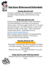Lip Sync Rehearsal Schedule