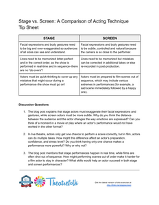 Stage vs. Screen Acting - Tip Sheet