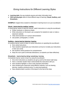 Giving Instructions for Different Learning Styles - Tip Sheet